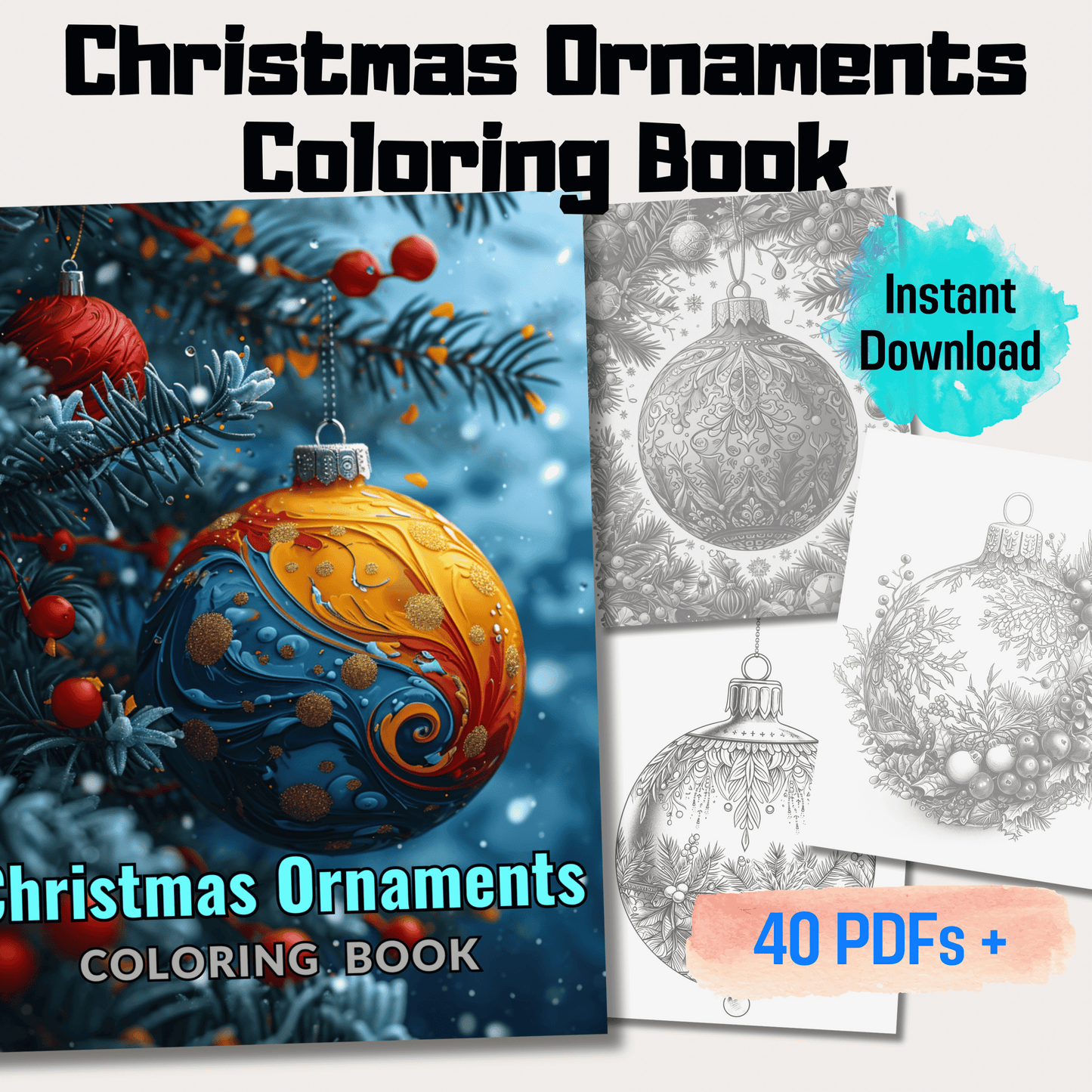 Christmas Ornaments Coloring Book, 20 Christmas Ball Grayscale Coloring Pages