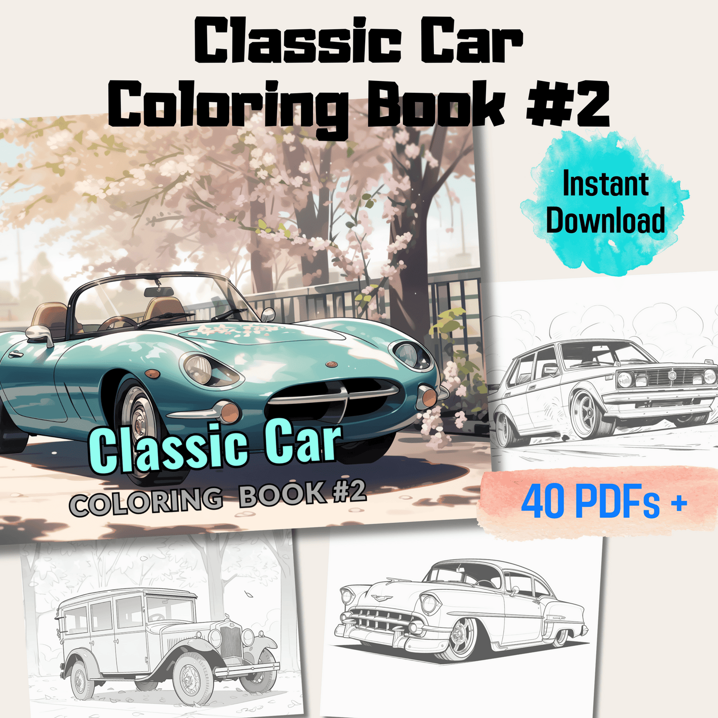 20 Pages Classic Car Coloring Book, Unique Automotive Art