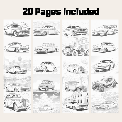 20 Pages Classic Car Coloring Book, Unique Automotive Art