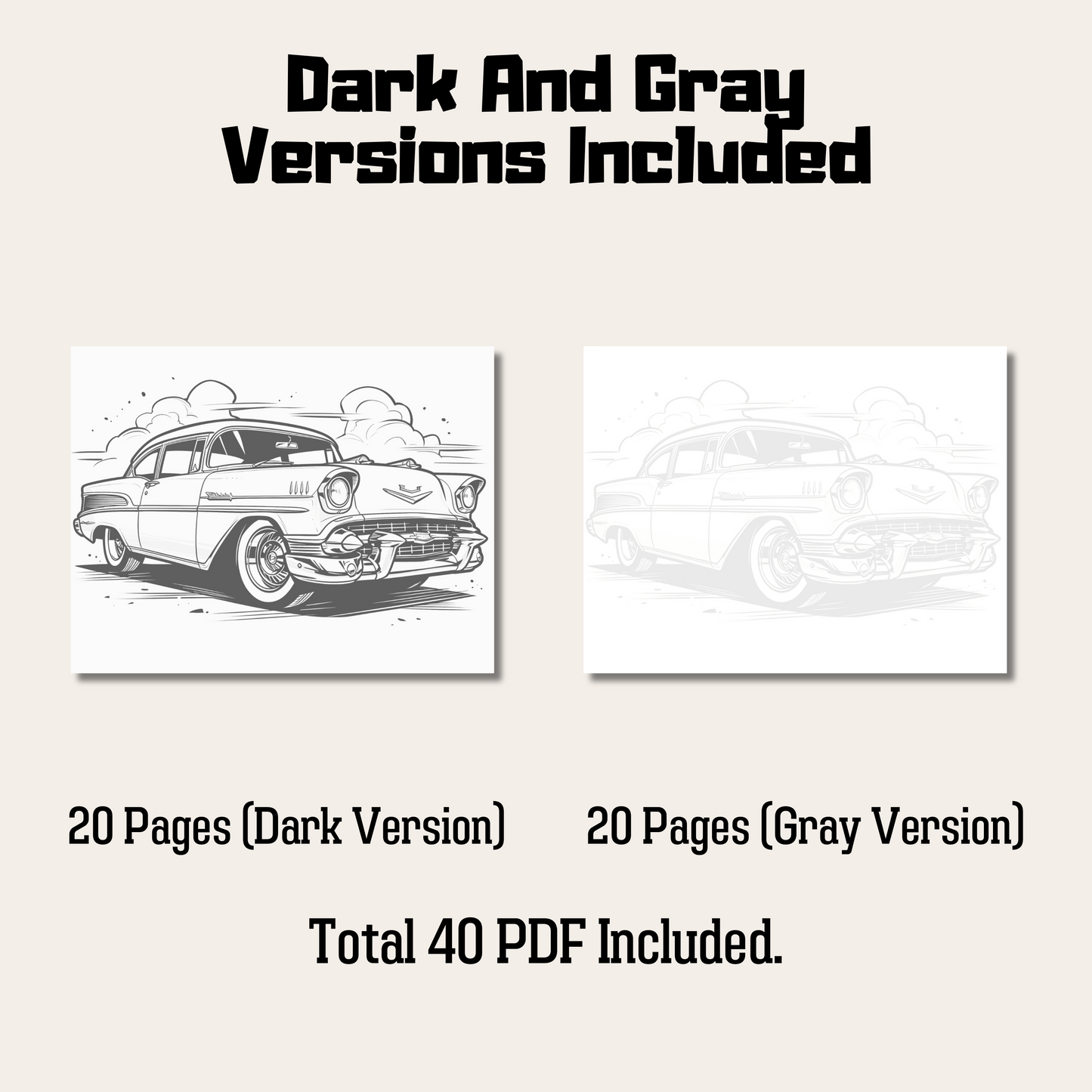 20 Pages Classic Car Coloring Book, Unique Automotive Art