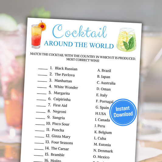 Cocktail Around The World Game | Printable Cocktail of the World Games