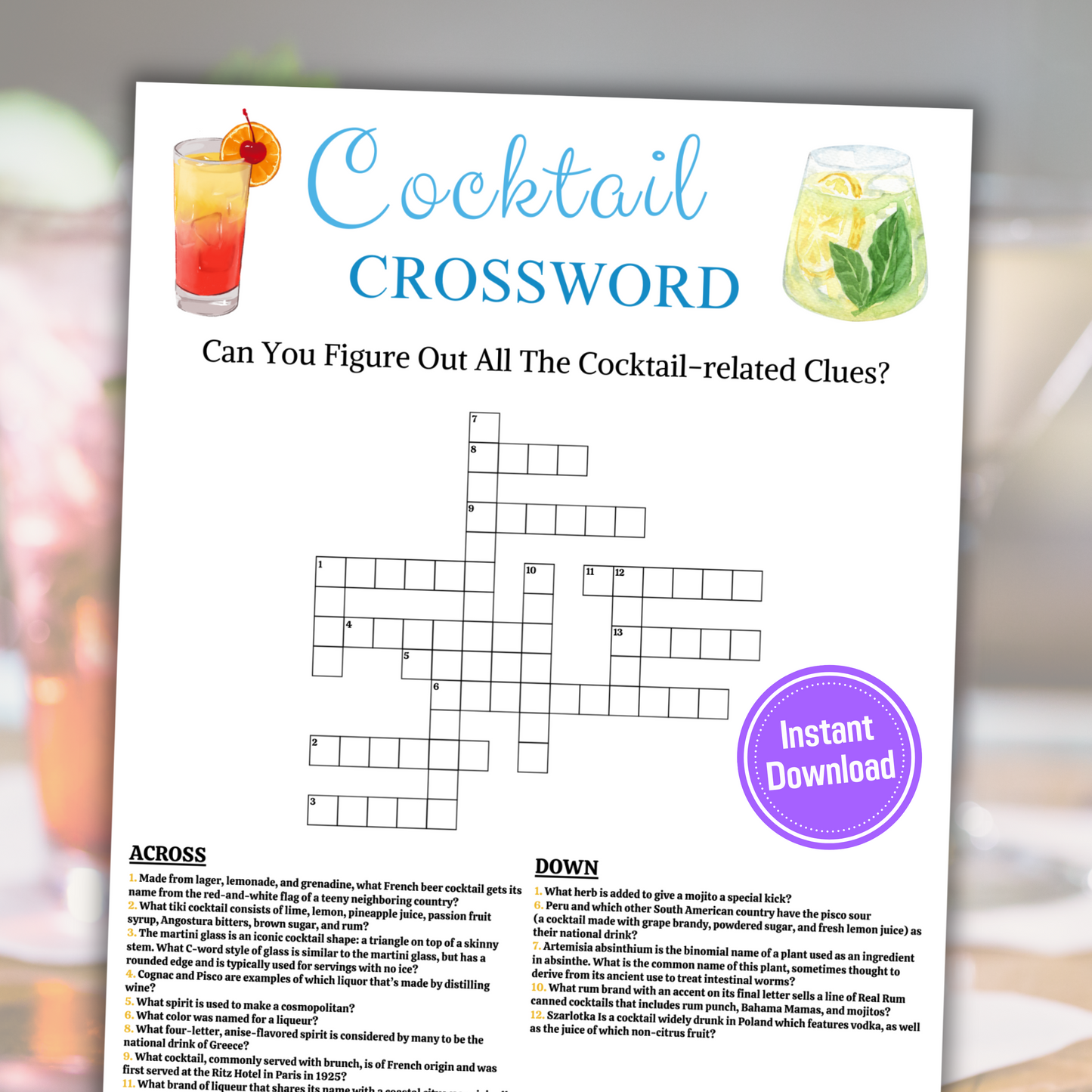 Cocktail Crossword Game | Printable Cocktail Crossword Puzzle Game