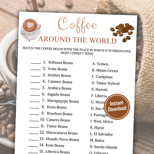 Coffee Around The World Game | Printable Coffee Beans Party Game