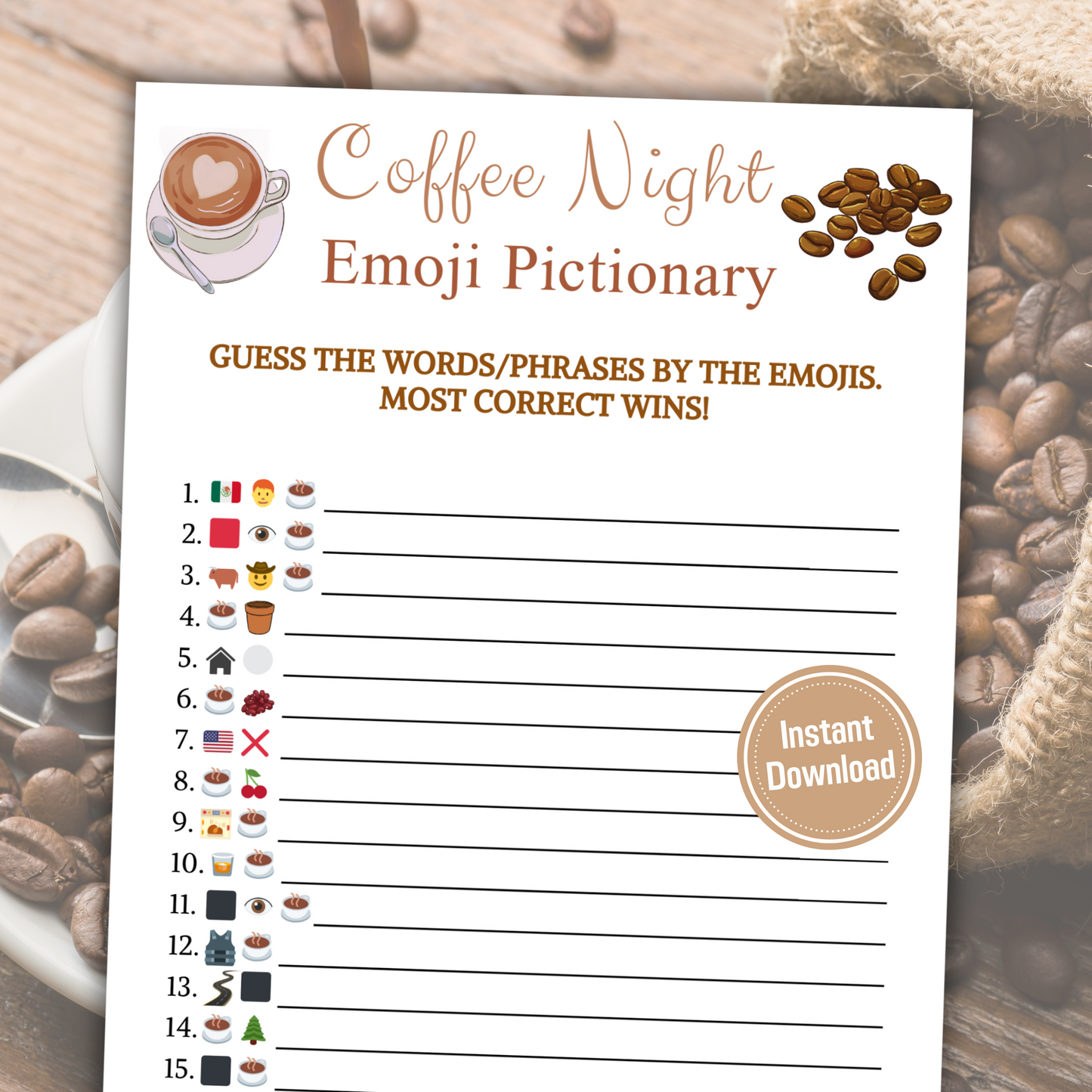 Coffee Night Emoji Pictionary Game | Emoji Coffee Night Game