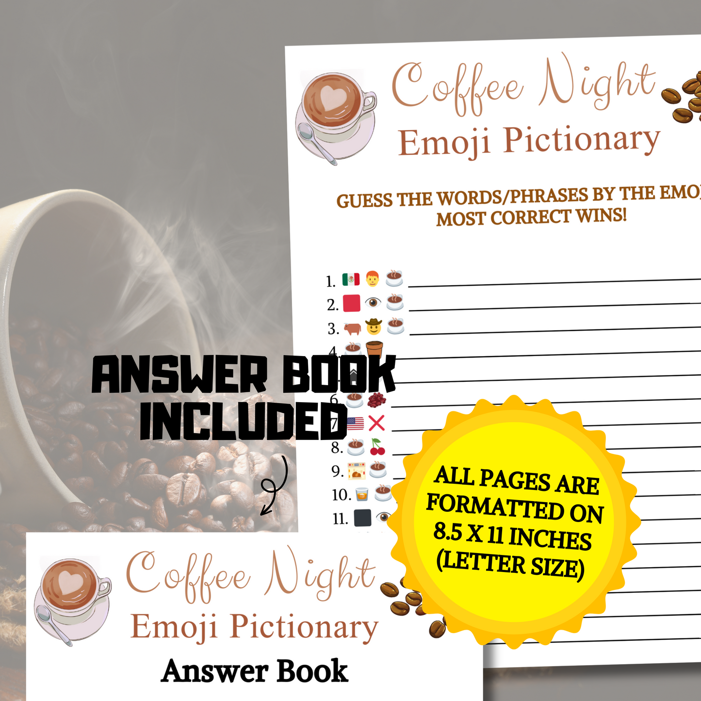 Coffee Night Emoji Pictionary Game | Emoji Coffee Night Game