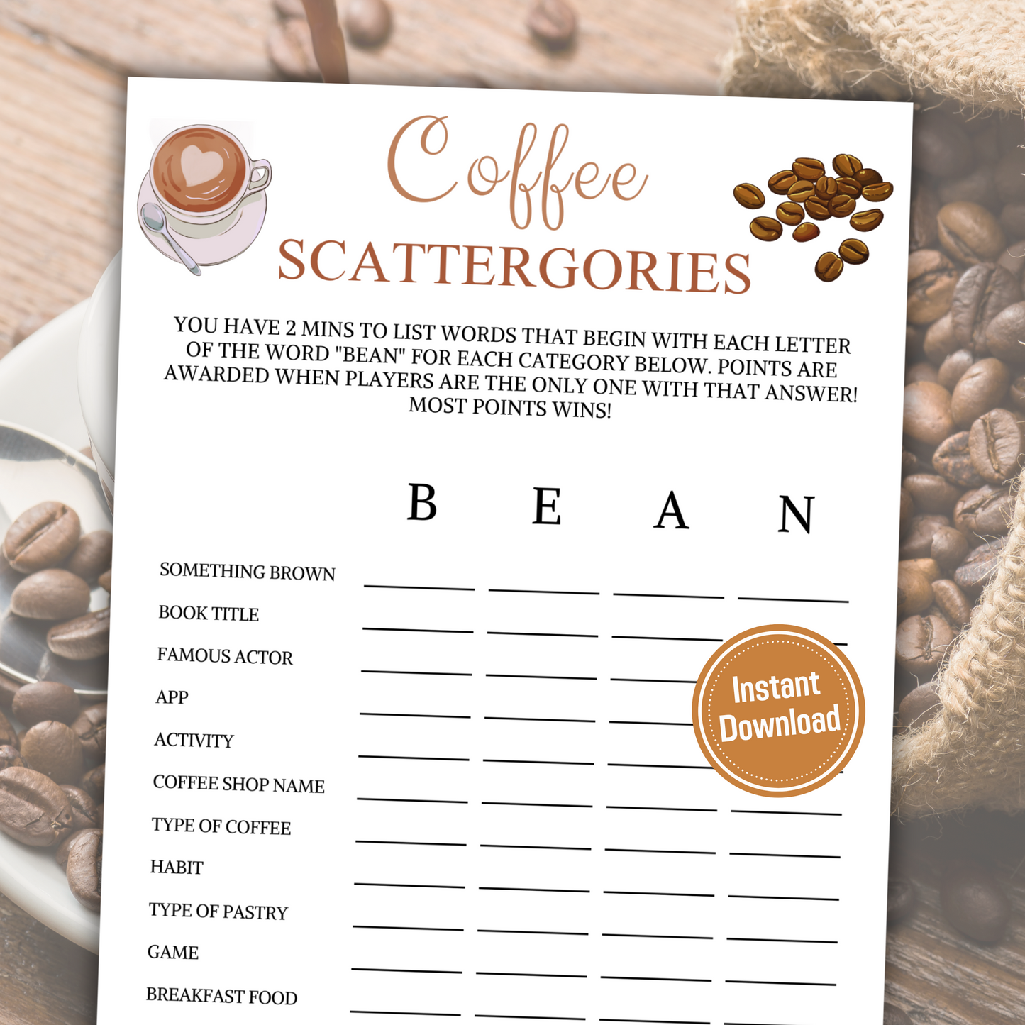 Coffee Scattergories Game | Coffee Night Think Fast Game