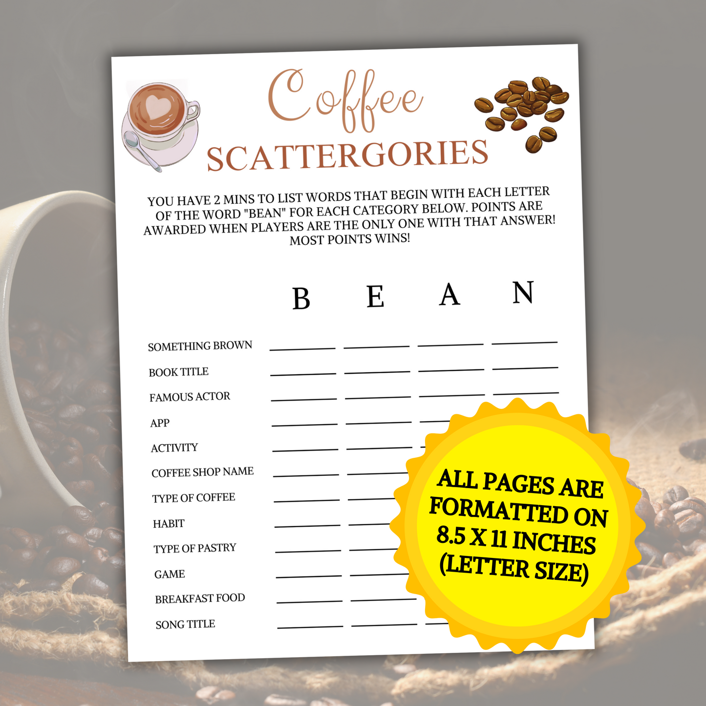 Coffee Scattergories Game | Coffee Night Think Fast Game