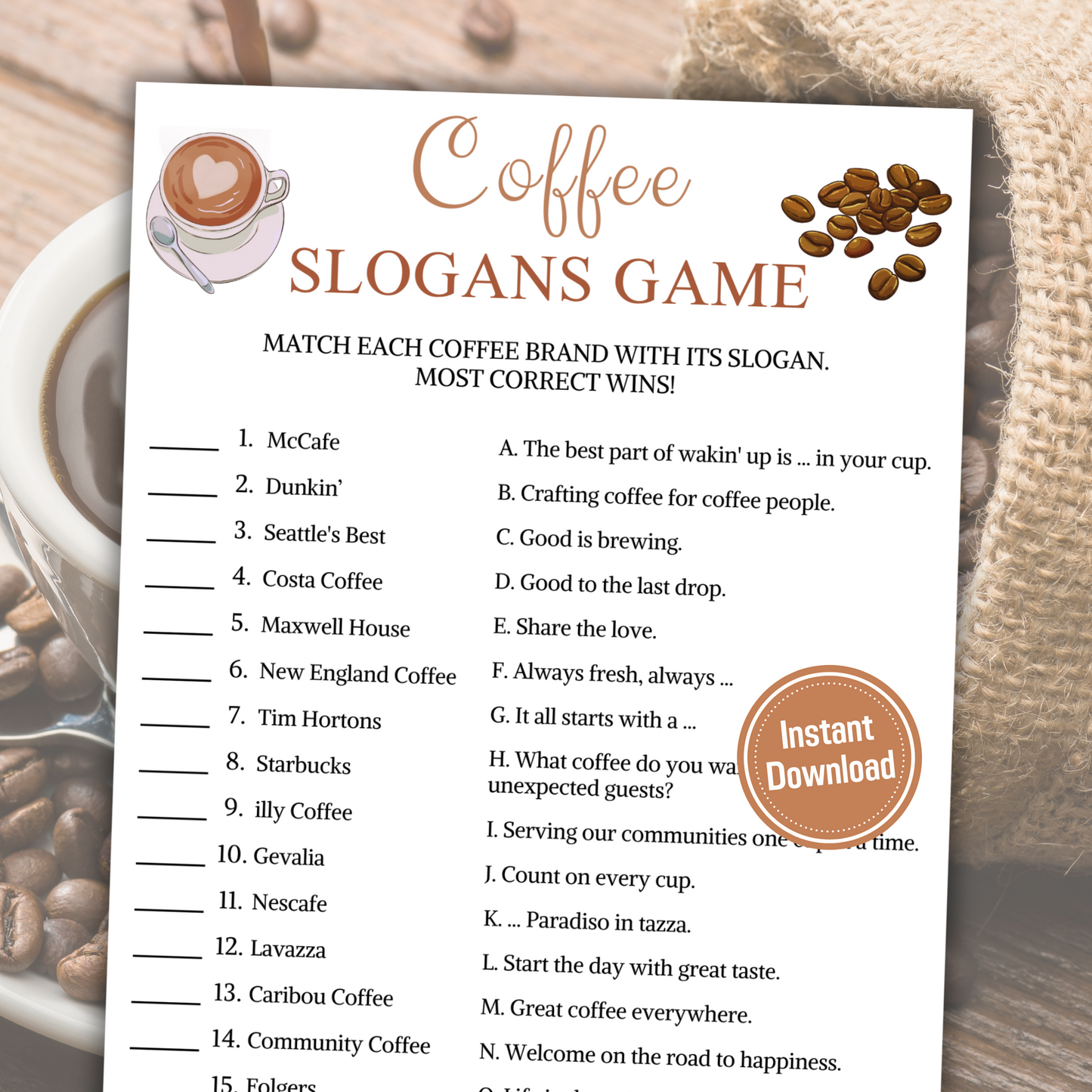 Coffee Slogans Game | Printable Coffee Tagline Games