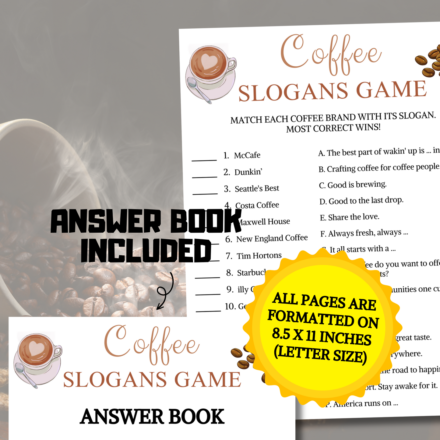 Coffee Slogans Game | Printable Coffee Tagline Games