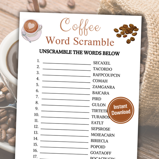 Coffee Word Scramble Game | Printable Coffee Tasting Party Games