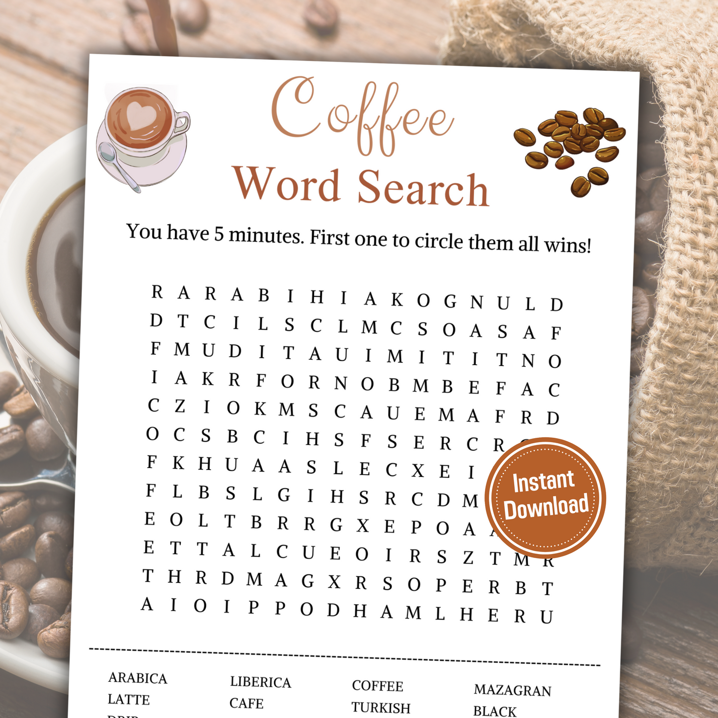 Coffee Word Search Game | Minimalist Coffee Party Word Find Game