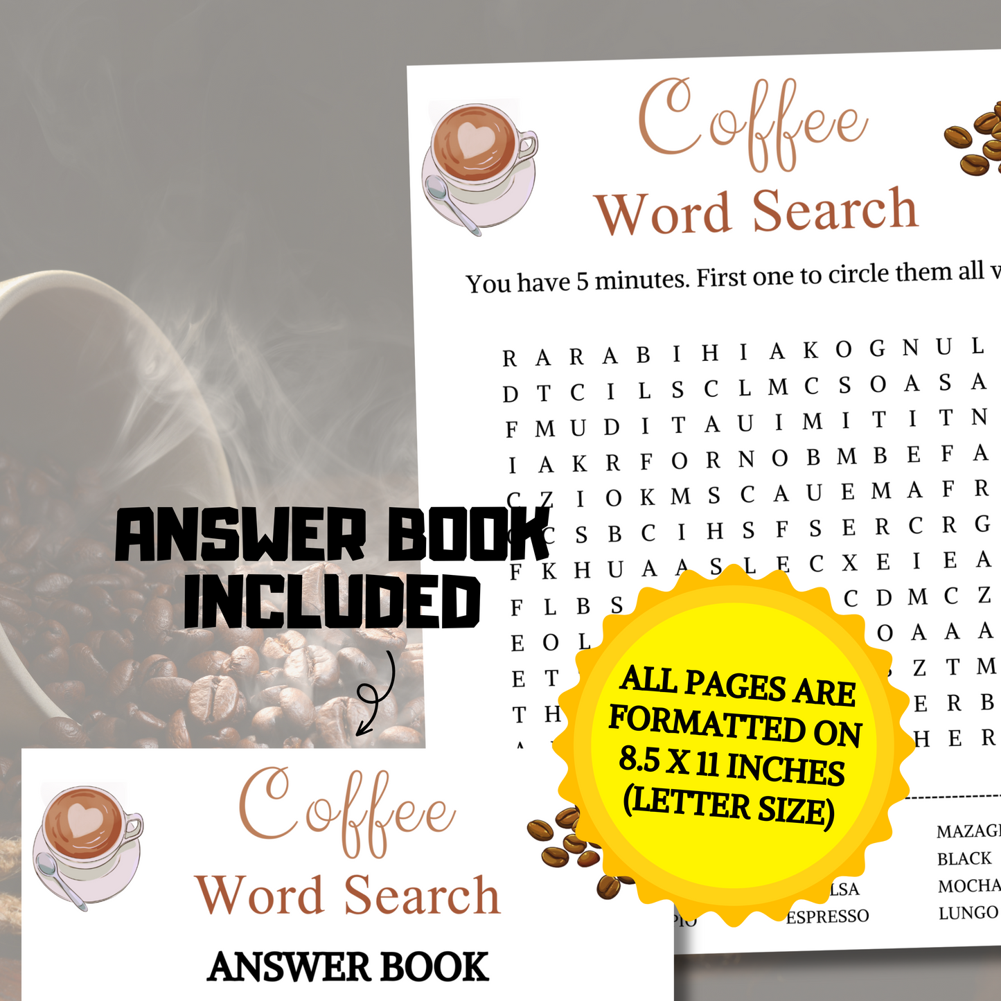 Coffee Word Search Game | Minimalist Coffee Party Word Find Game