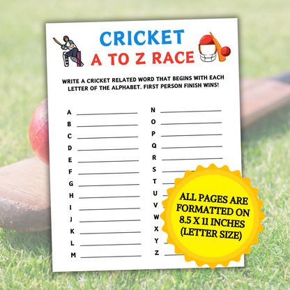 Cricket A To Z Race Game | Printable Cricket Team ABC Race Games