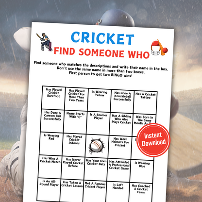 Cricket Find Someone Who Game | Printable Cricket Find The Guest Bingo