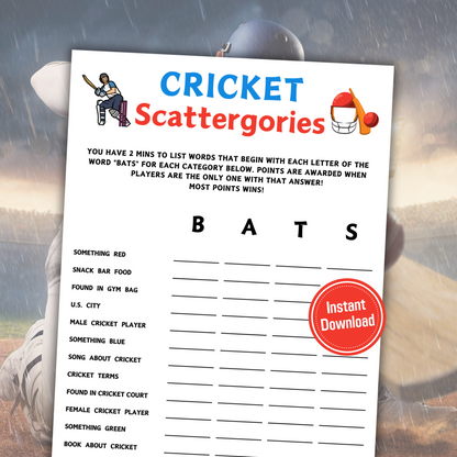 Cricket Scattergories Game | Minimalist Cricket Think Fast Game