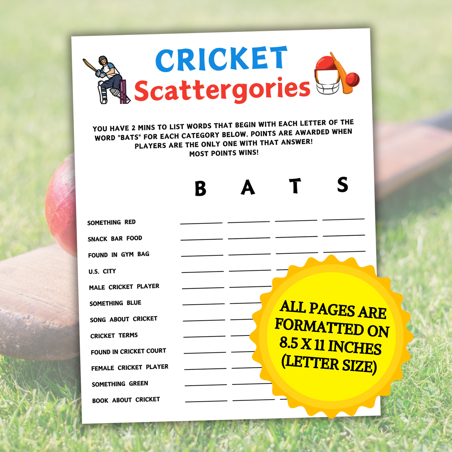 Cricket Scattergories Game | Minimalist Cricket Think Fast Game