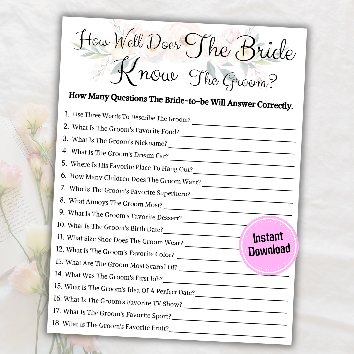 Does The Bride Know The Groom | Printable Wedding Shower Game