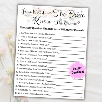 Does The Bride Know The Groom | Printable Wedding Shower Game
