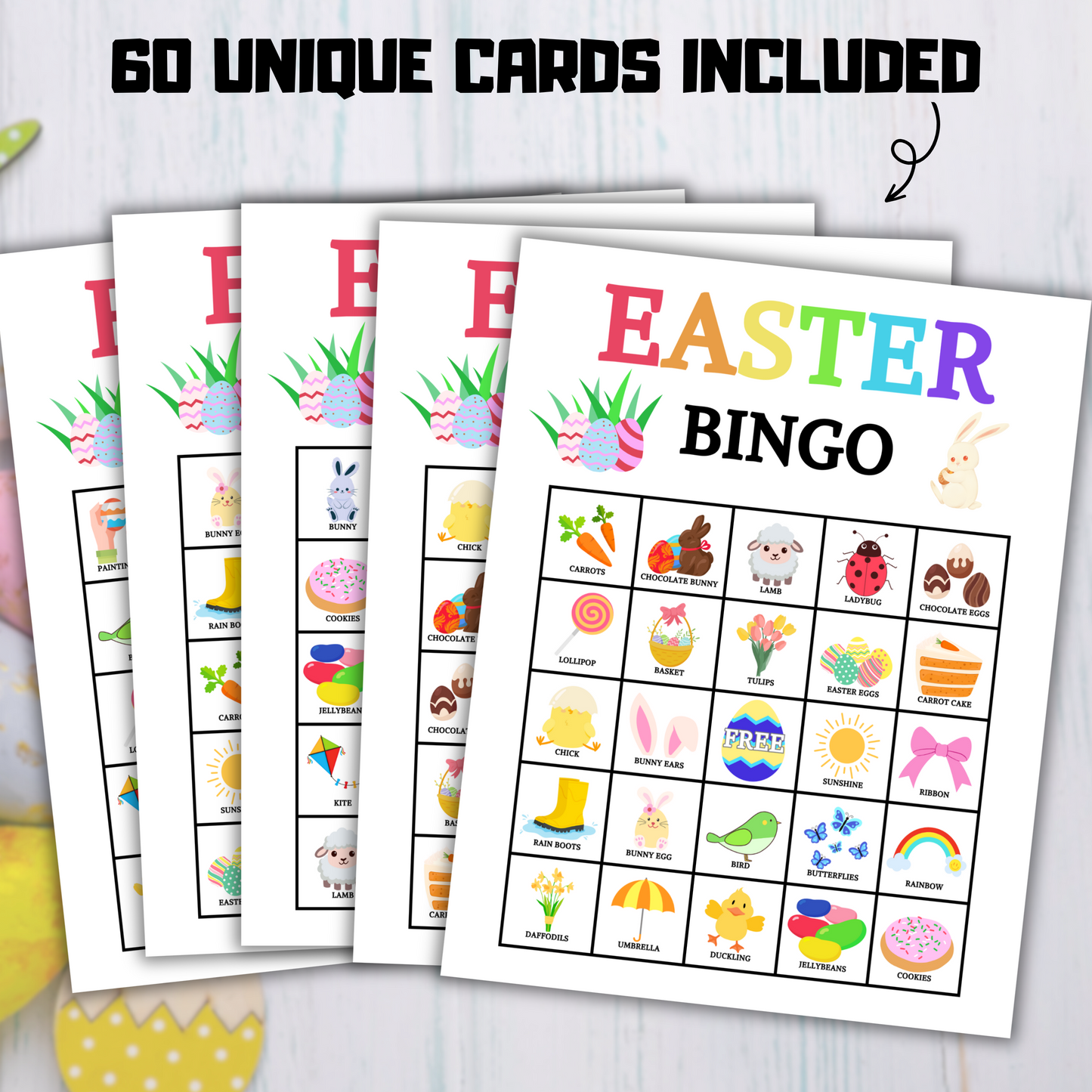 60 Easter Bingo Cards Game | Easter Family Bingo Game Activity for All Ages