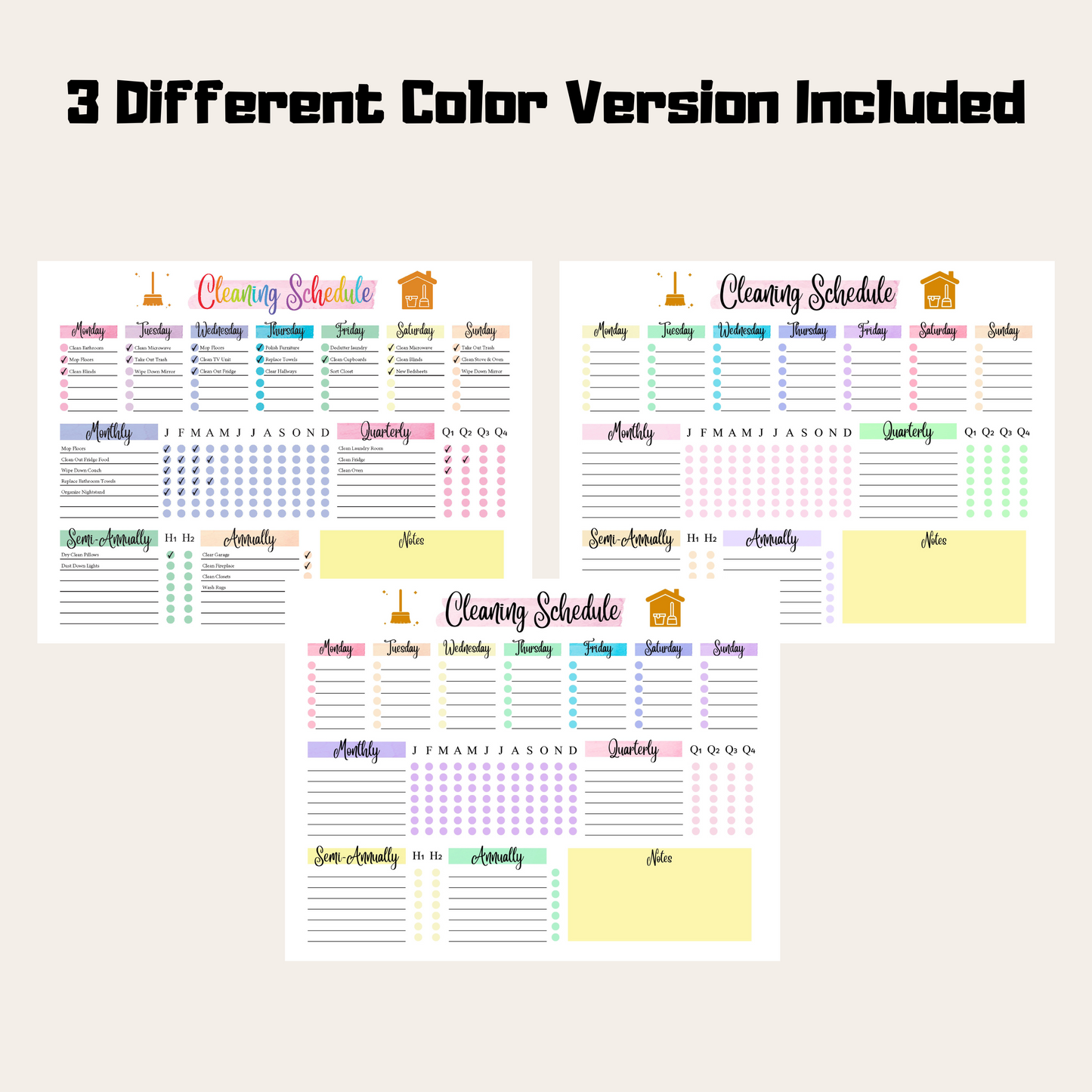 Editable Cleaning Schedule 1: Rainbow Color 3 Versions Included