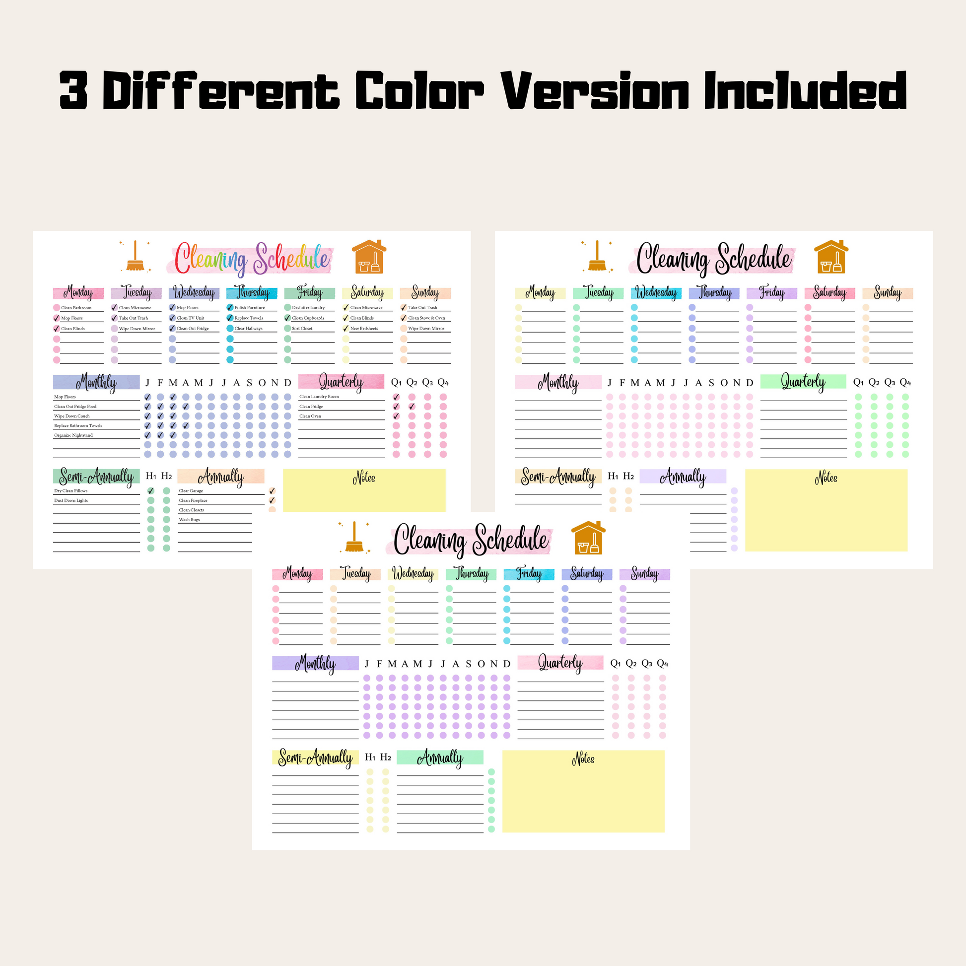 Editable Cleaning Schedule 1: Rainbow Color 3 Versions Included