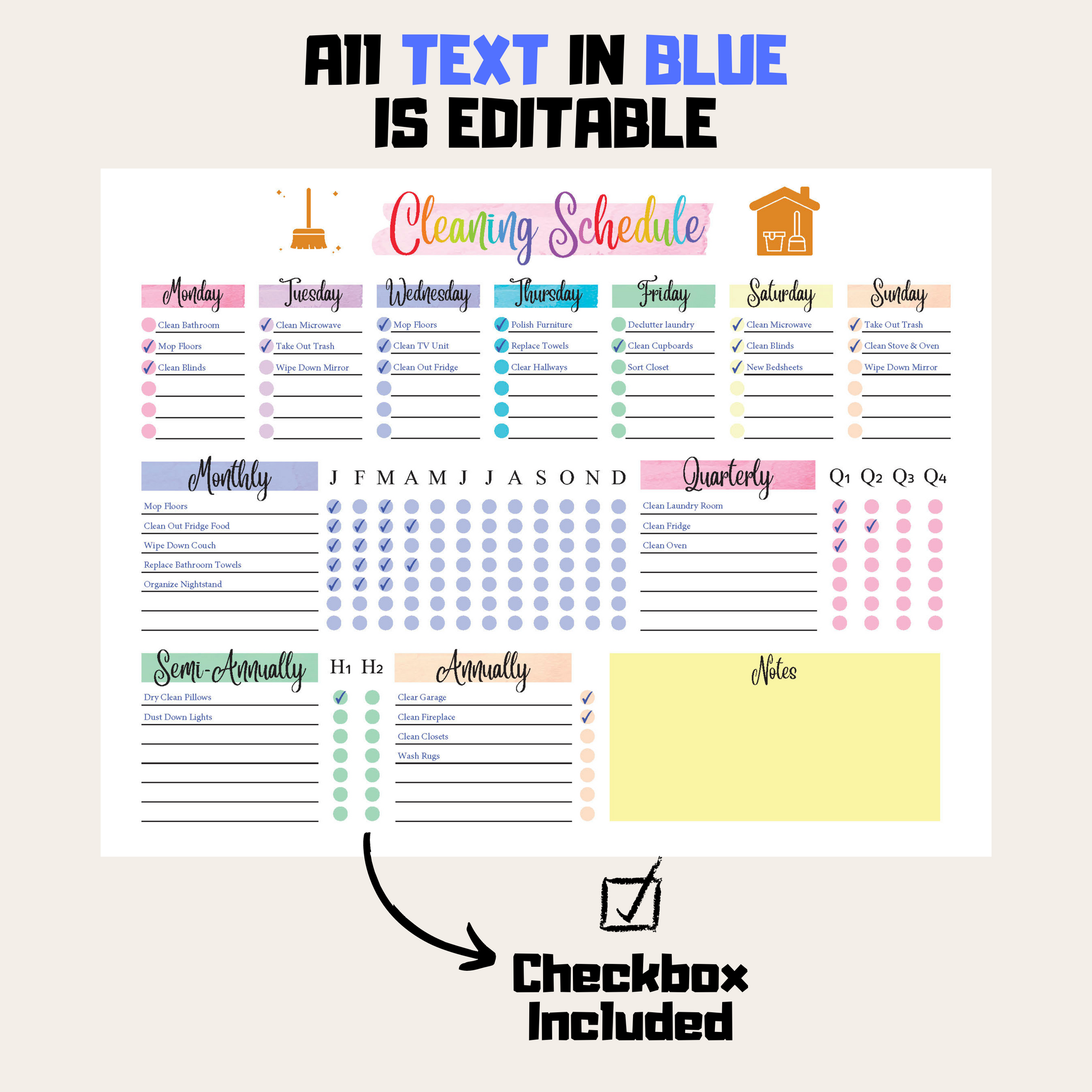 Editable Cleaning Schedule 1: Rainbow Color Editable Demo Display