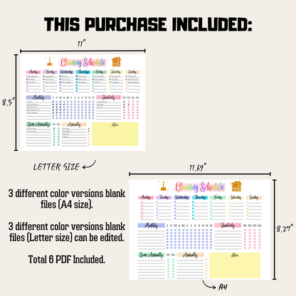 Editable Cleaning Schedule 1: Rainbow Color Product Information Details And Print Out Size Demo