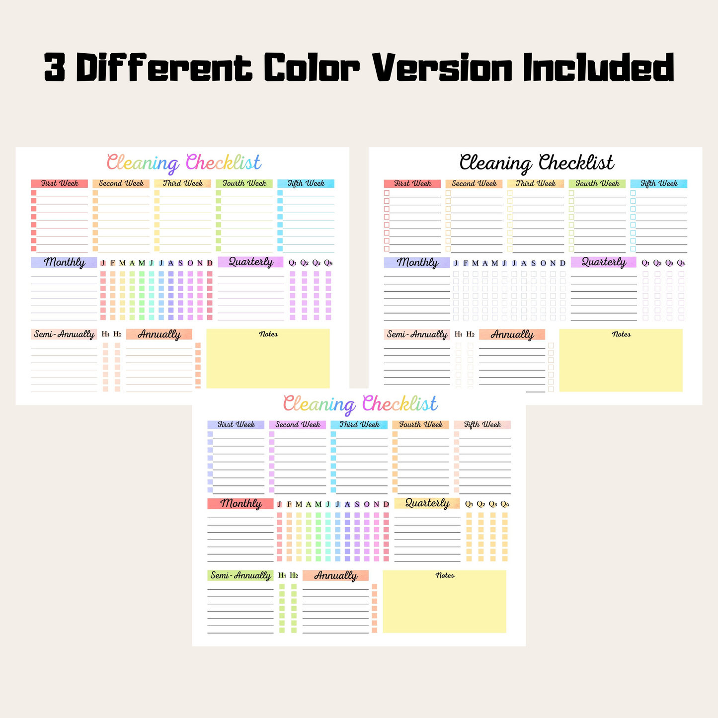 Editable Cleaning Schedule 2: Rainbow Color 3 Versions Included