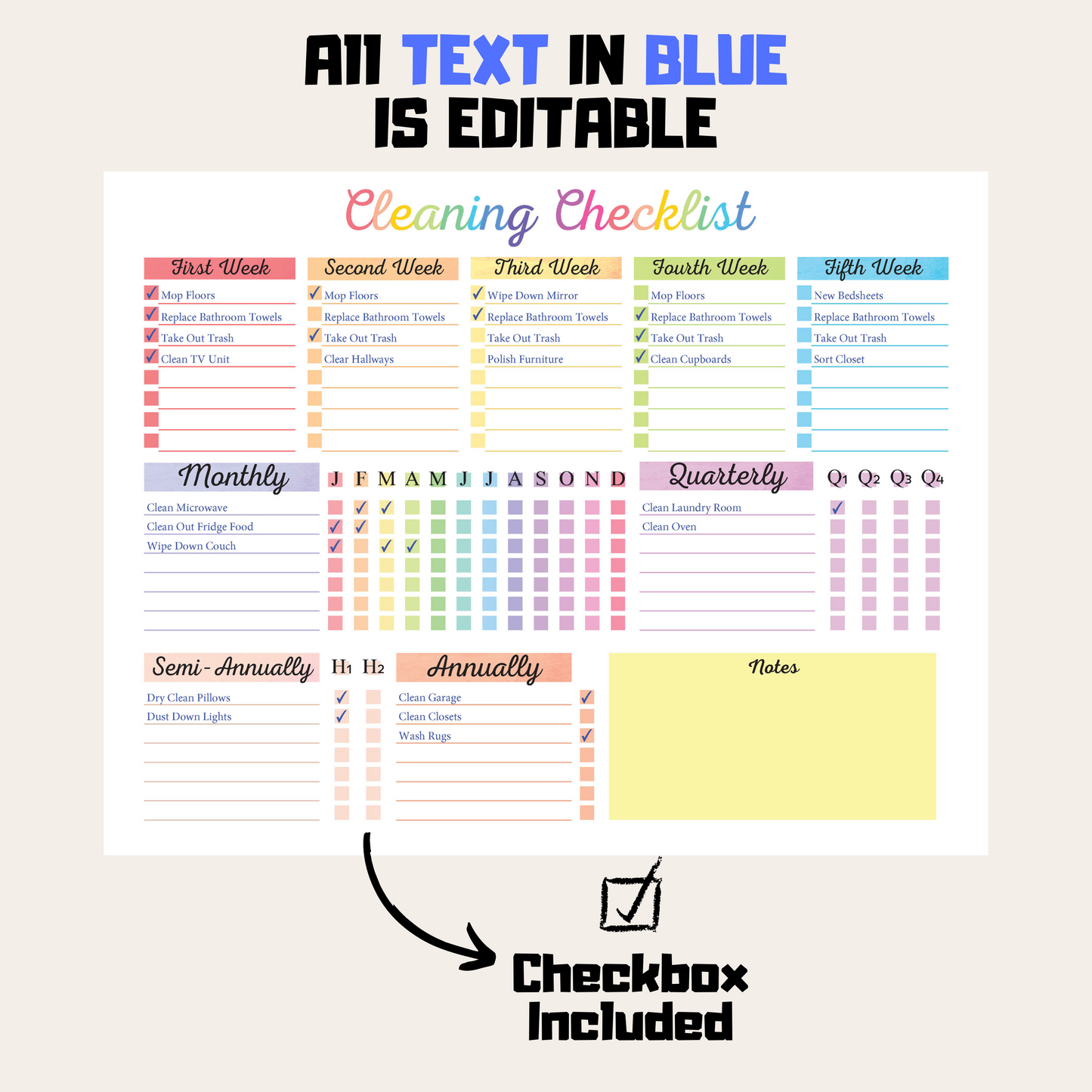 Editable Cleaning Schedule 2: Rainbow Color Editable Demo Display