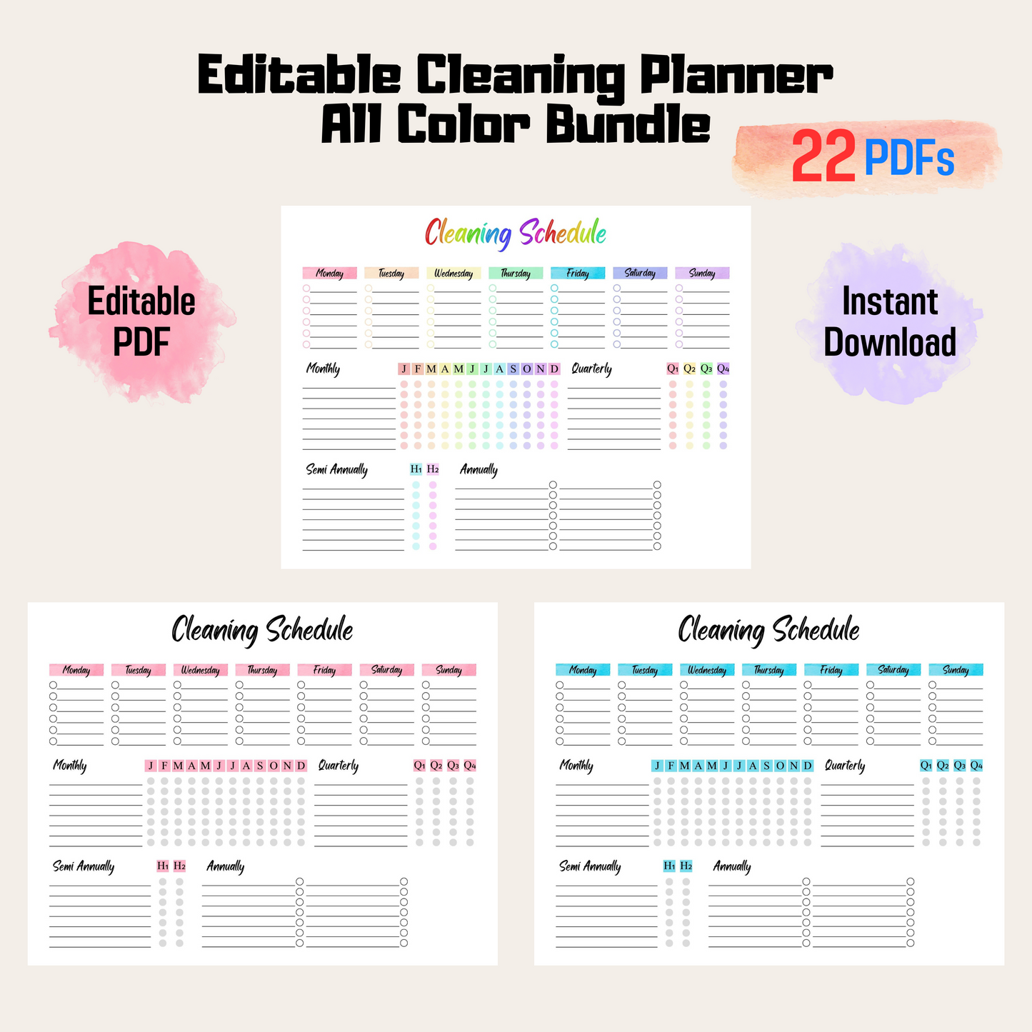 Customizable Cleaning Schedule Rainbow Color Printable, For Daily Weekly Chores, Routines, Goals, Checklist, For Kids Teens Adults