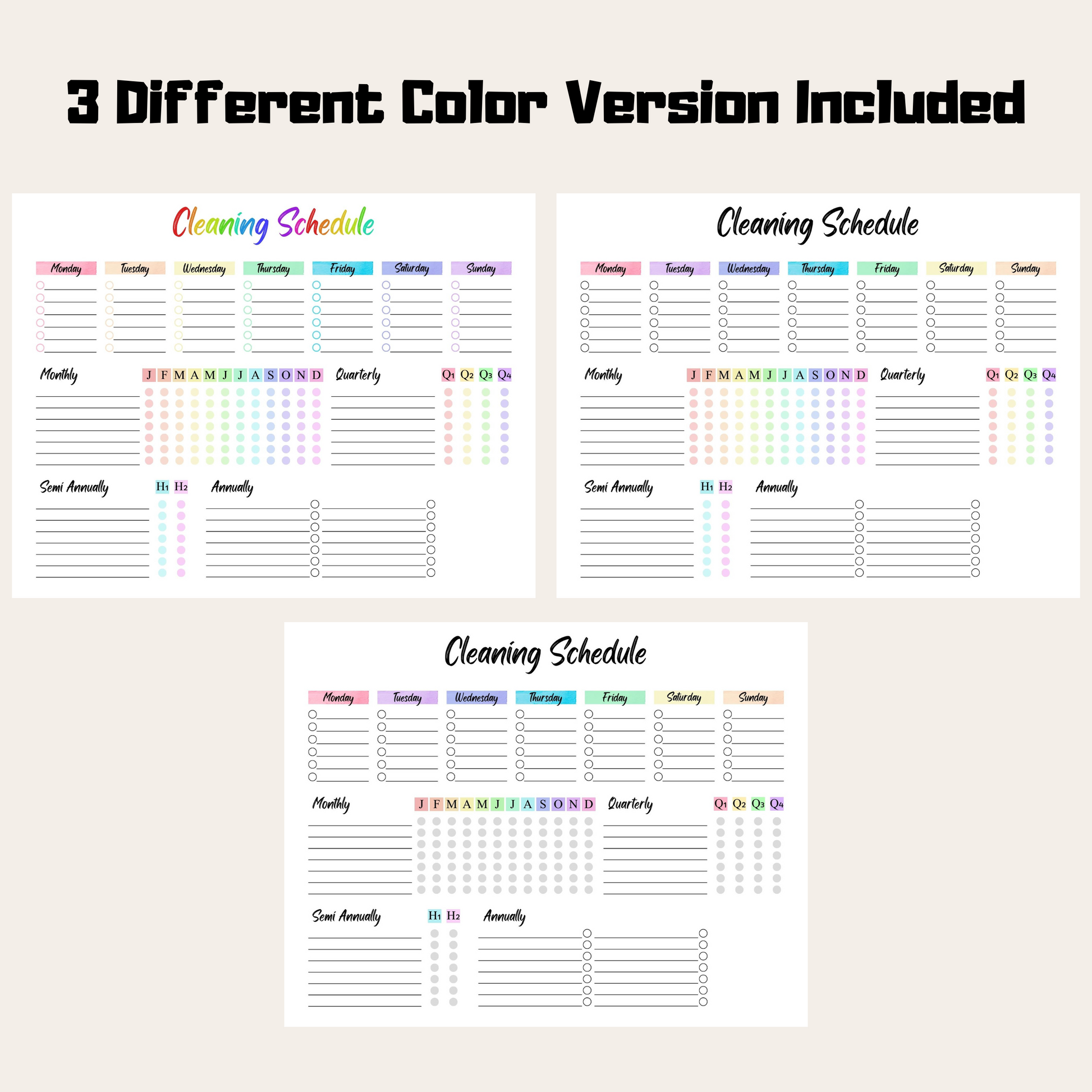 Editable Cleaning Schedule 3: Rainbow Color 3 Versions Included