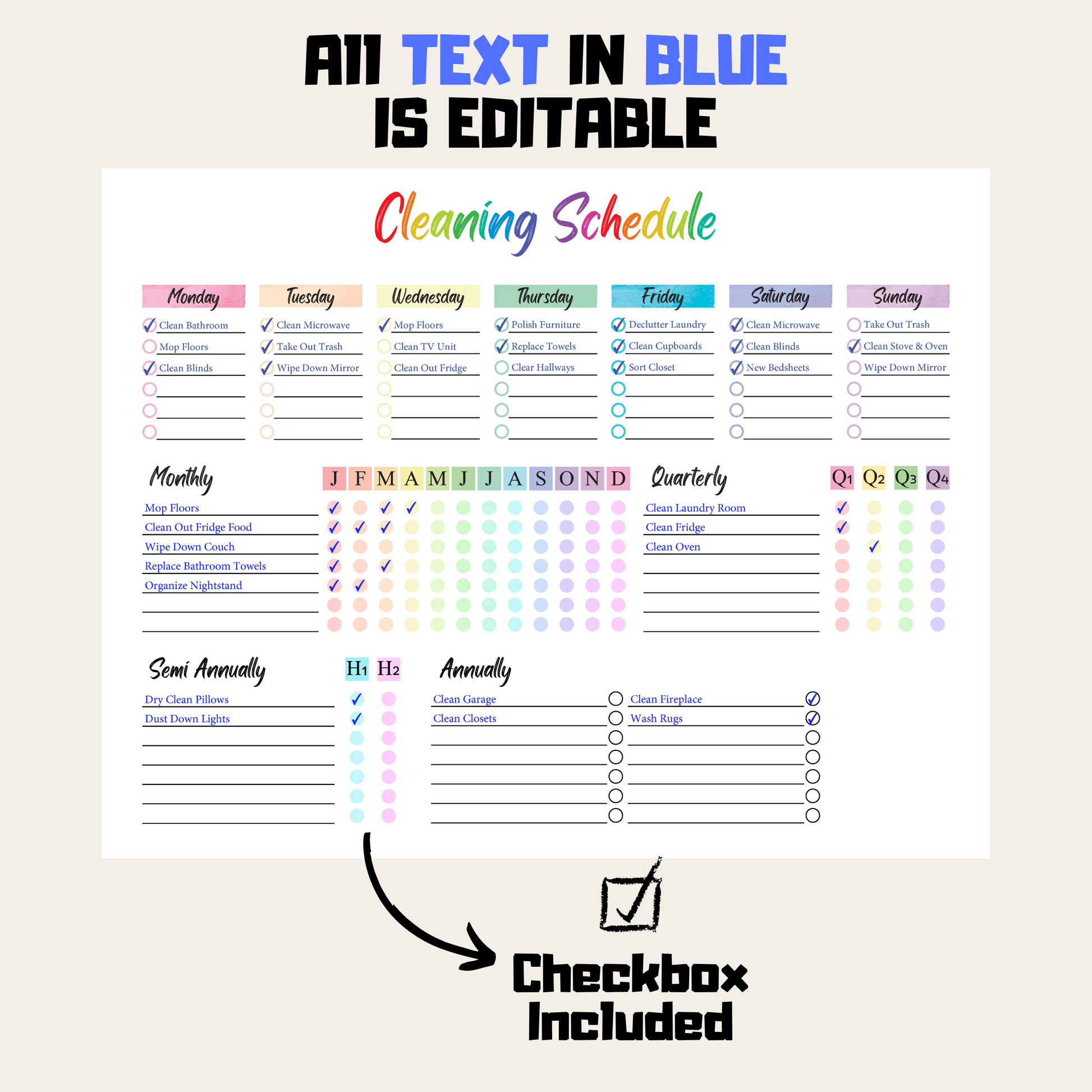 Editable Cleaning Schedule 3: Rainbow Color Editable Demo Display