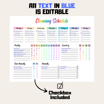 Editable Cleaning Schedule 3: Rainbow Color Editable Demo Display