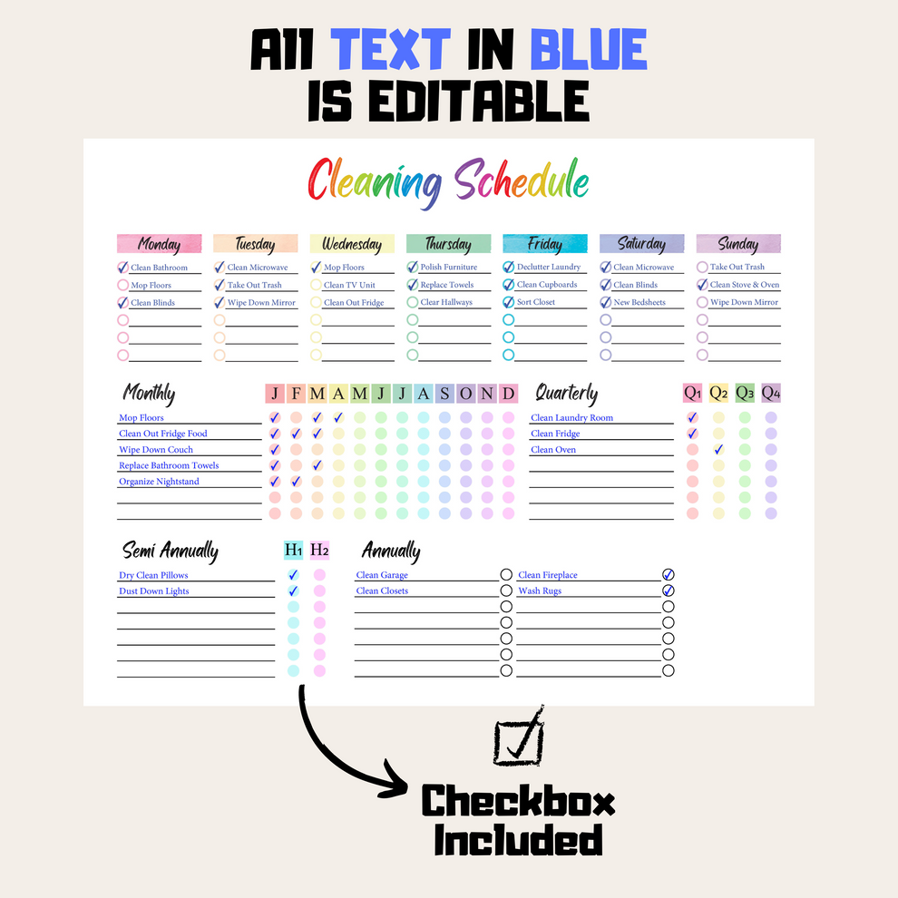 Customizable Cleaning Schedule Rainbow Color Printable, For Daily Week ...