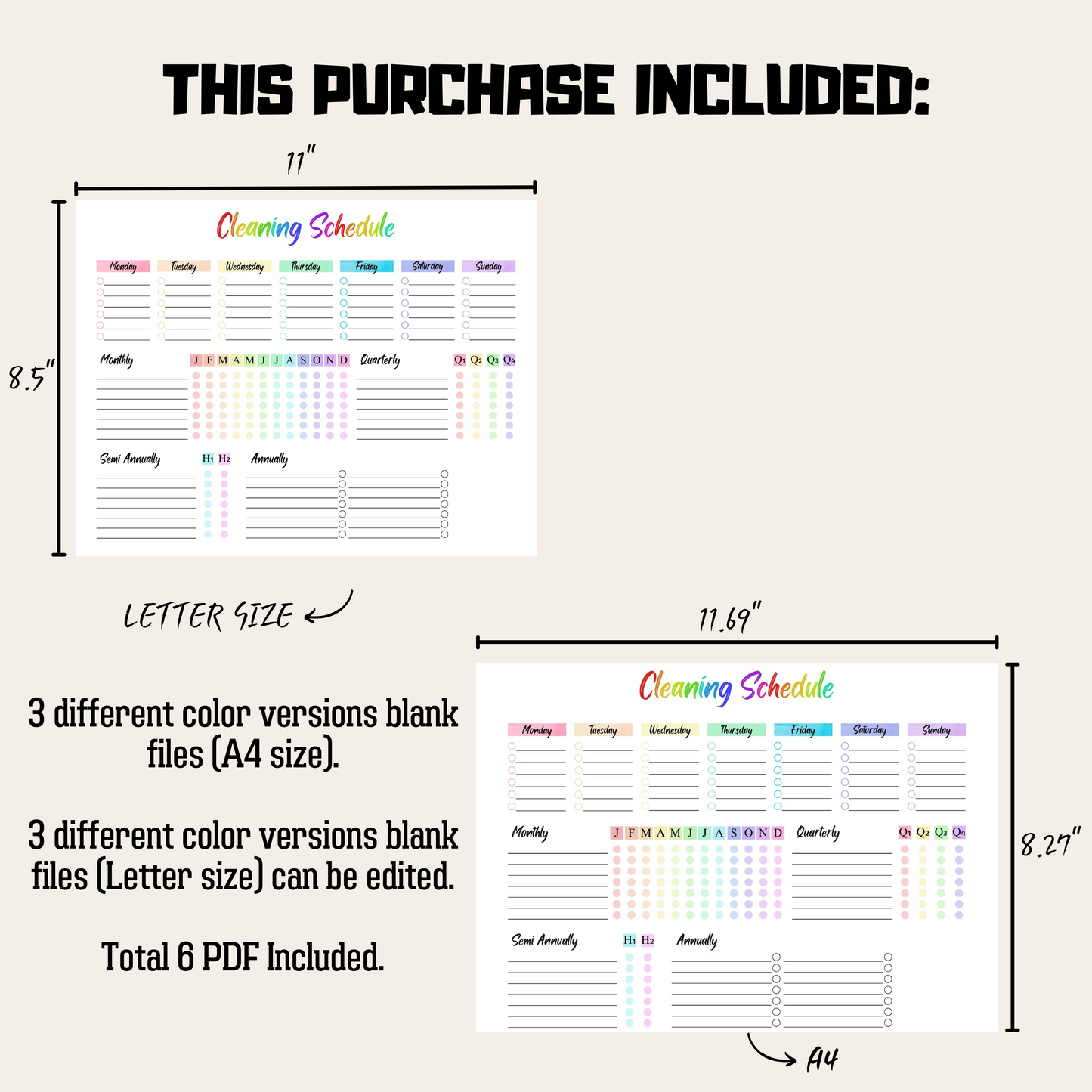 Editable Cleaning Schedule 3: Rainbow Color Product Information Details And Print Out Size Demo