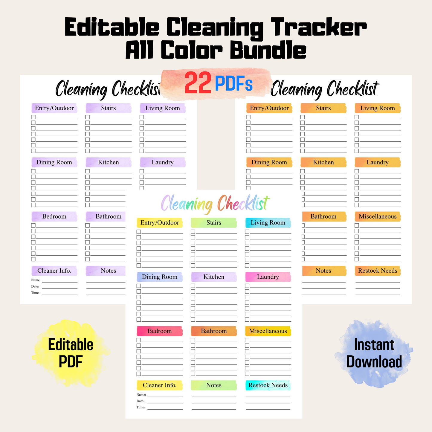 Efficient Airbnb Cleaning Schedule Printable For Spotless Homes Rainbow Color, EDITABLE Cleaning Planner, Household Planner Printable PDF