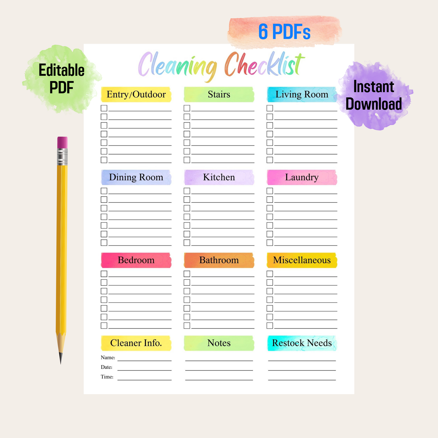 Editable Cleaning Schedule 4: Rainbow Color