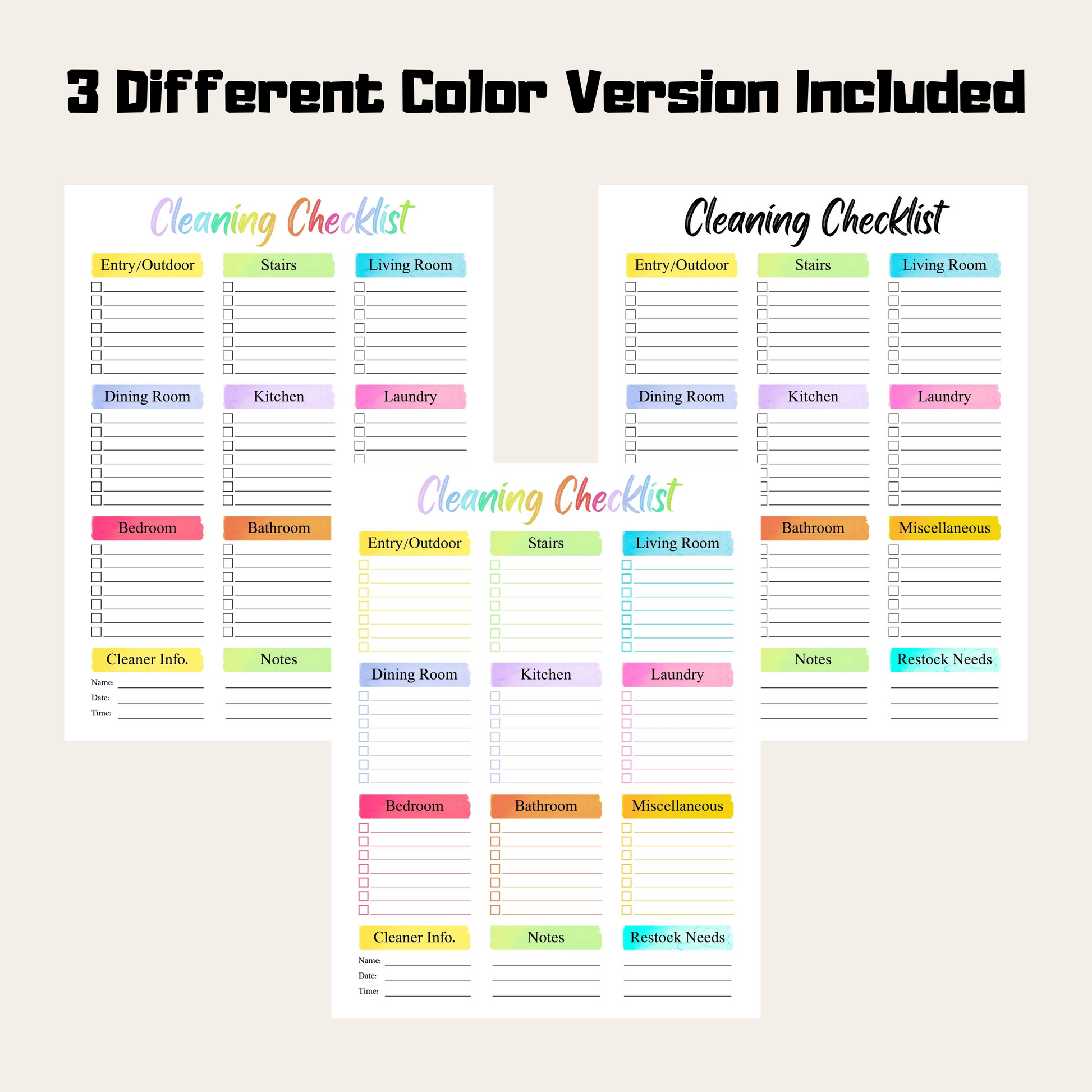Editable Cleaning Schedule 4: Rainbow Color 3 Versions Included