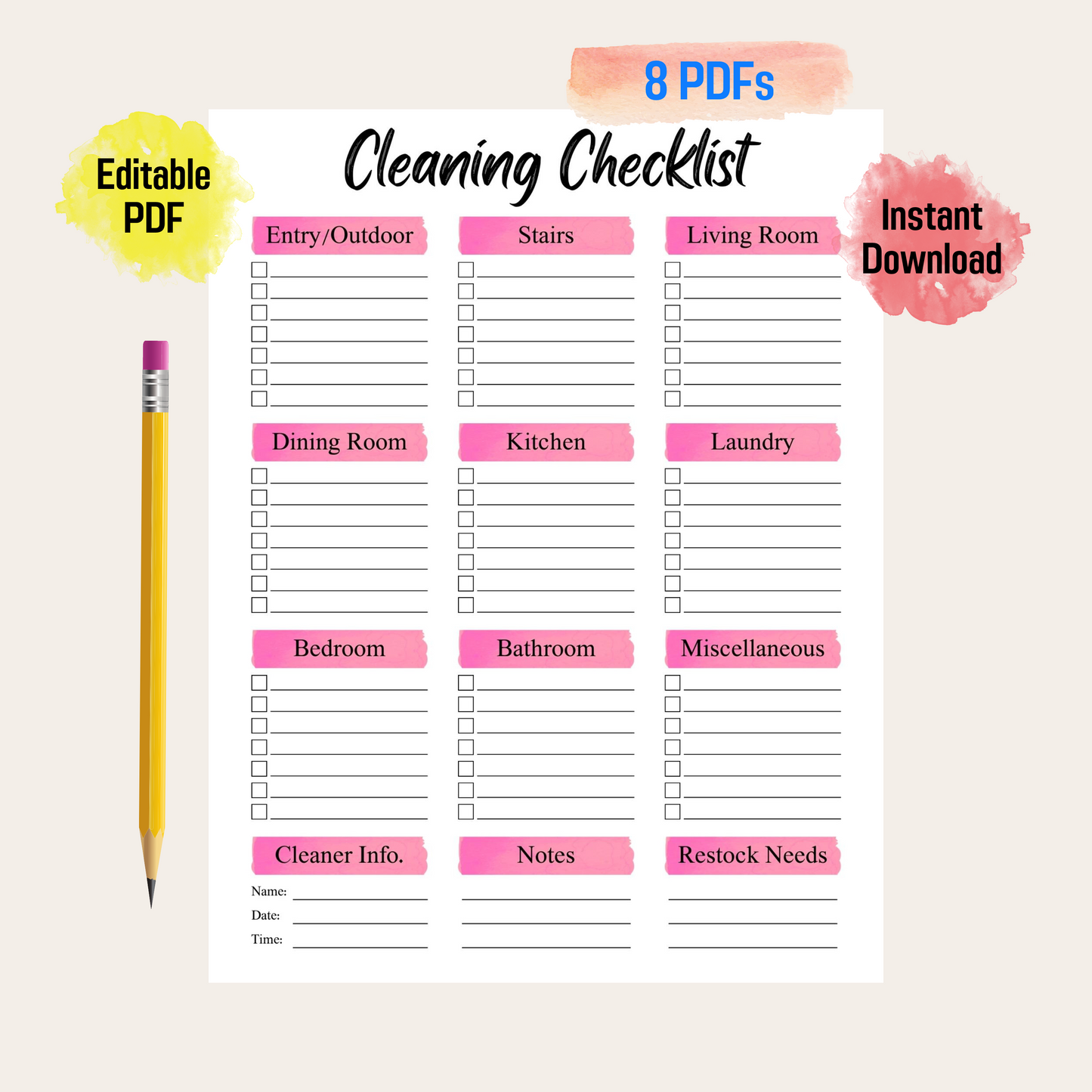 Efficient Airbnb Cleaning Schedule Printable For Spotless Homes Rainbow Color, EDITABLE Cleaning Planner, Household Planner Printable PDF