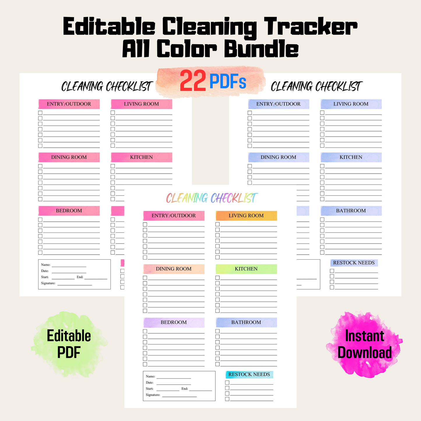 Printable Efficient Airbnb Cleaning Schedule Template Rainbow Color, Editable Cleaning Planner, House Chore List, Family Chore Chart List