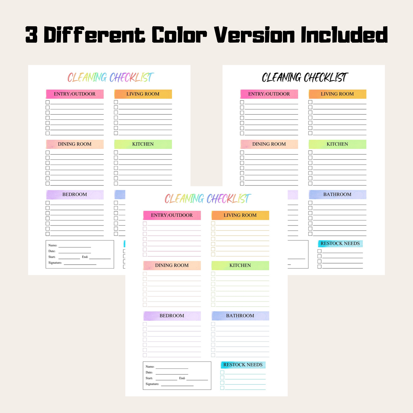 Editable Cleaning Schedule 5: Rainbow Color 3 Versions Included