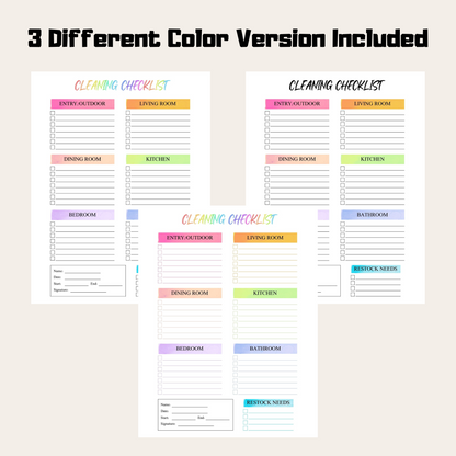 Editable Cleaning Schedule 5: Rainbow Color 3 Versions Included