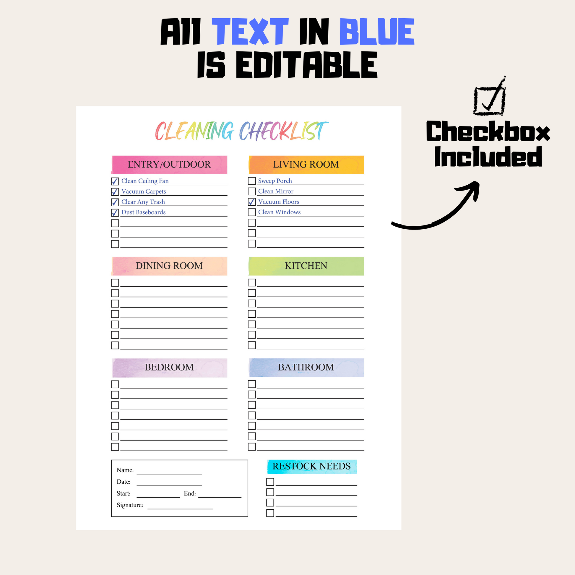 Editable Cleaning Schedule 5: Rainbow Color Editable Demo Display