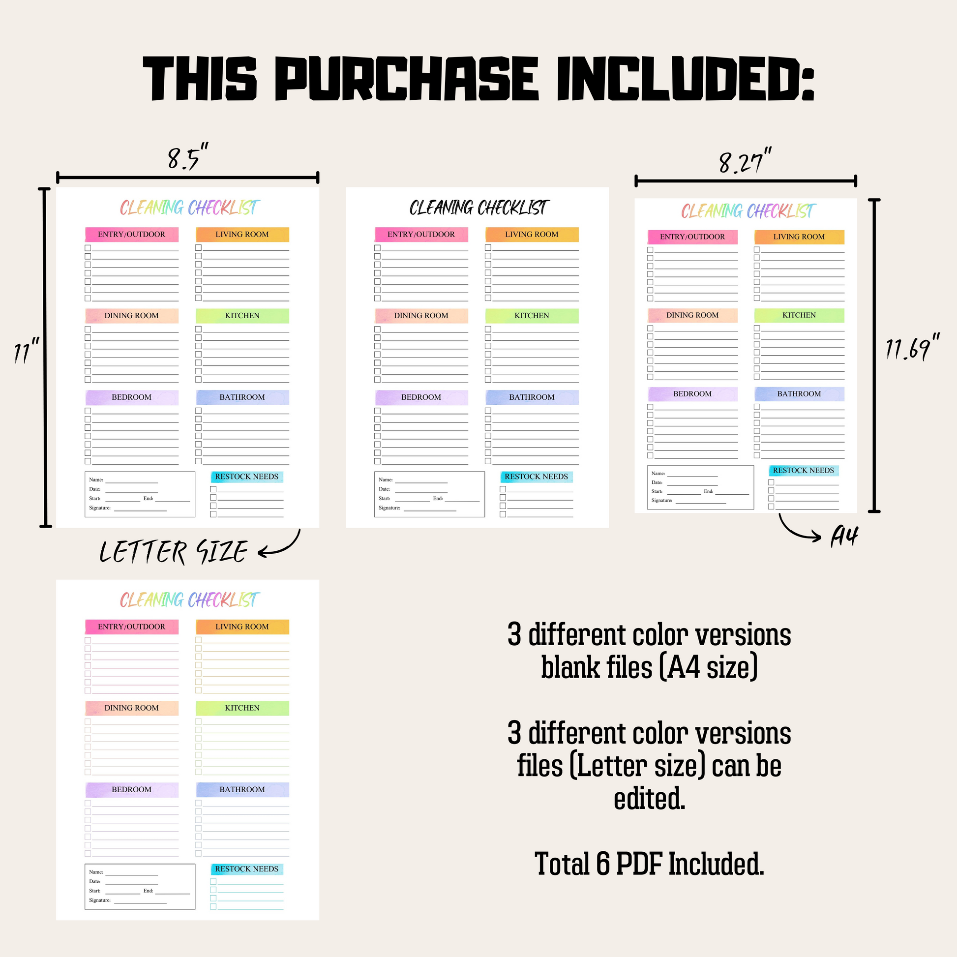 Editable Cleaning Schedule 5: Rainbow Color Product Information Details And Print Out Size Demo