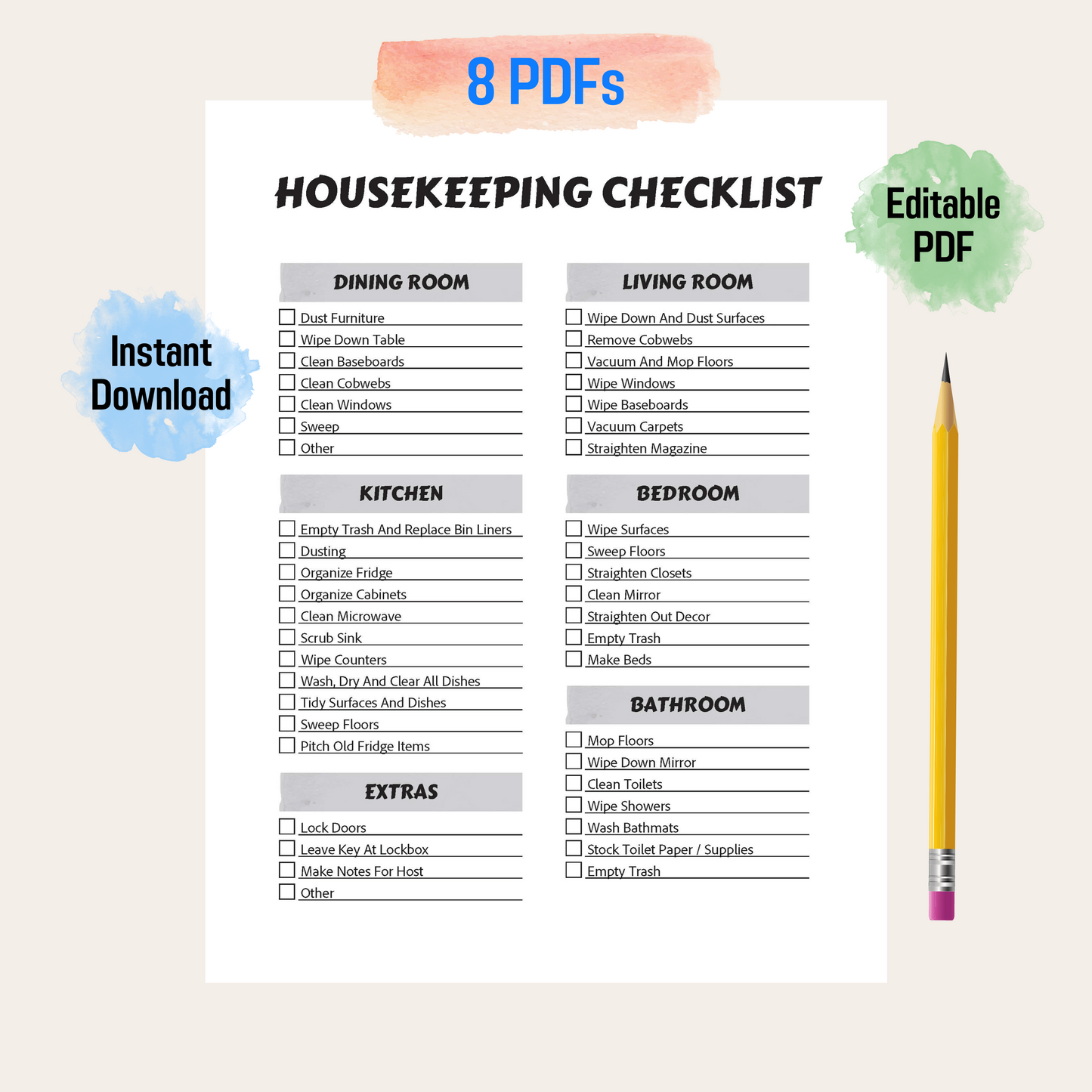 Editable Airbnb Housekeeping Checklist Rainbow Color, Editable Cleaning Schedule, Adhd Clean Home, Cleaning Planner, House Chore List