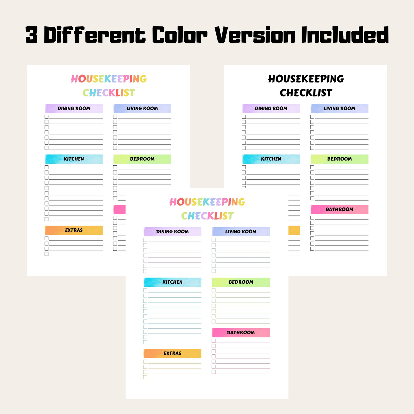 Editable Cleaning Schedule 6: Rainbow Color 3 Versions Included