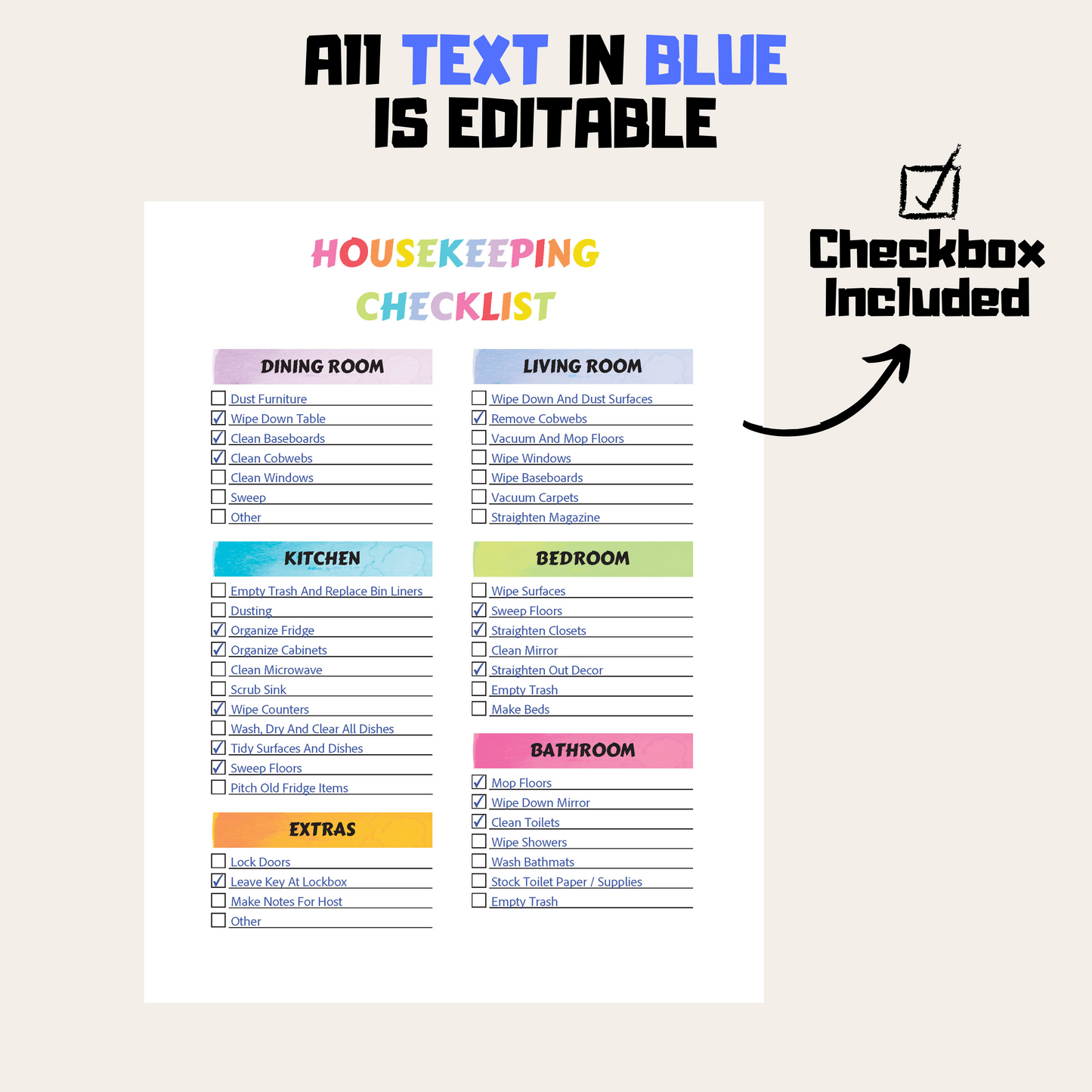 Editable Cleaning Schedule 6: Rainbow Color Editable Demo Display