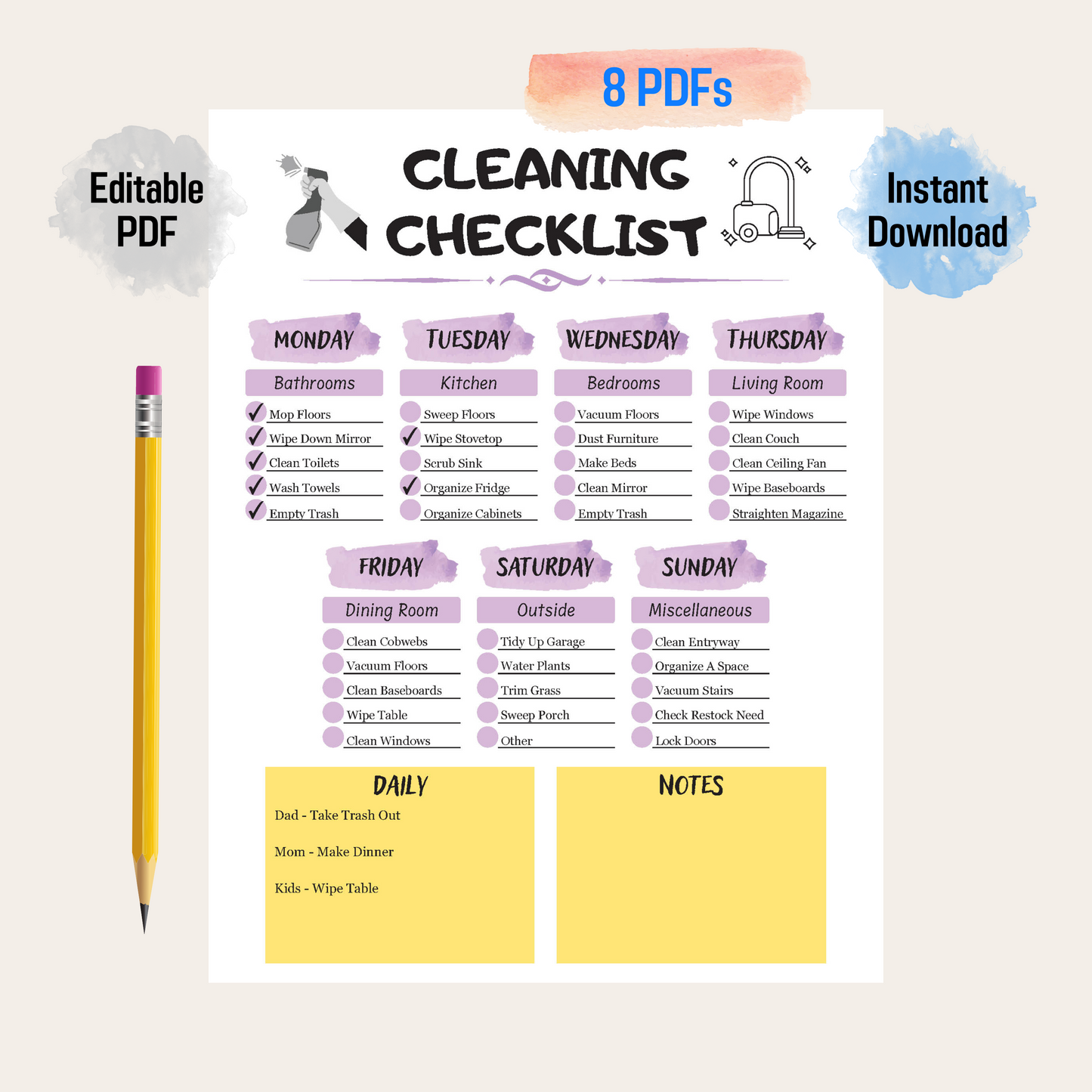 Cleaning Checklist For Edit Rainbow Color, Household Planner Printable, Editable Cleaning Schedule, Editable Chore Chart, Cleaning Planner PDF