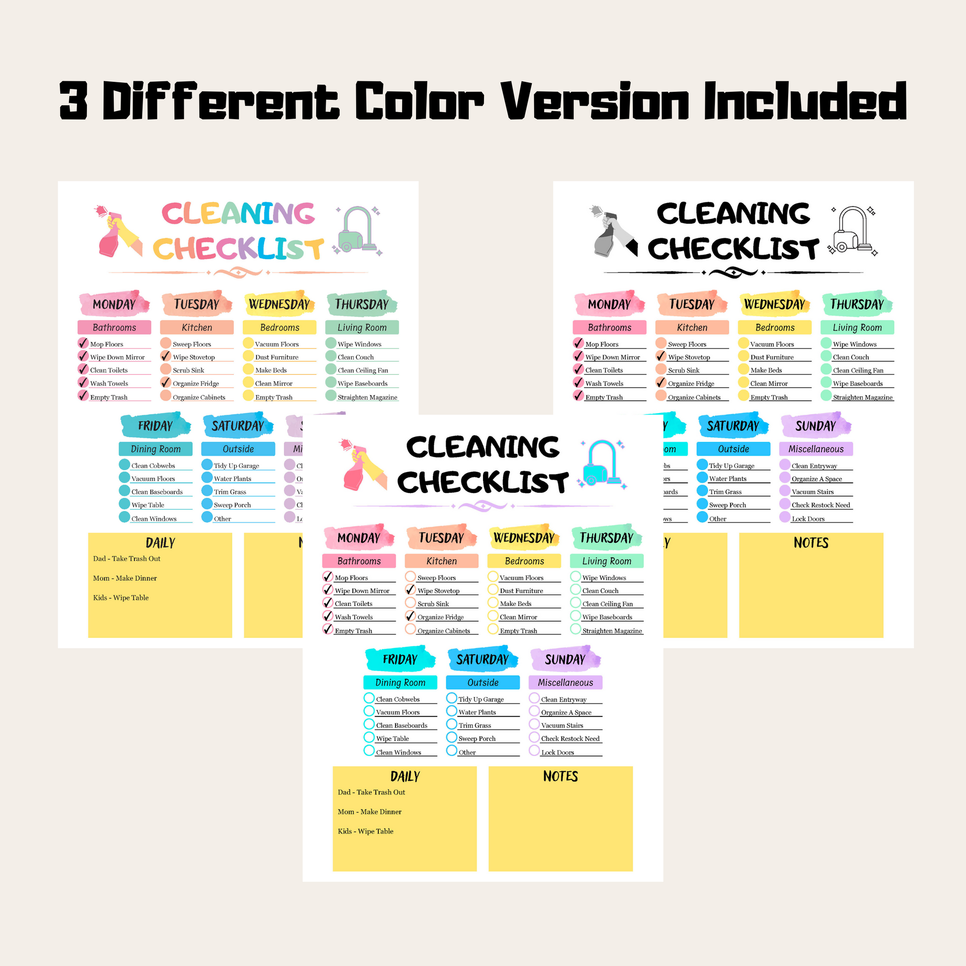 Editable Cleaning Schedule 8: Rainbow Color 3 Versions Included