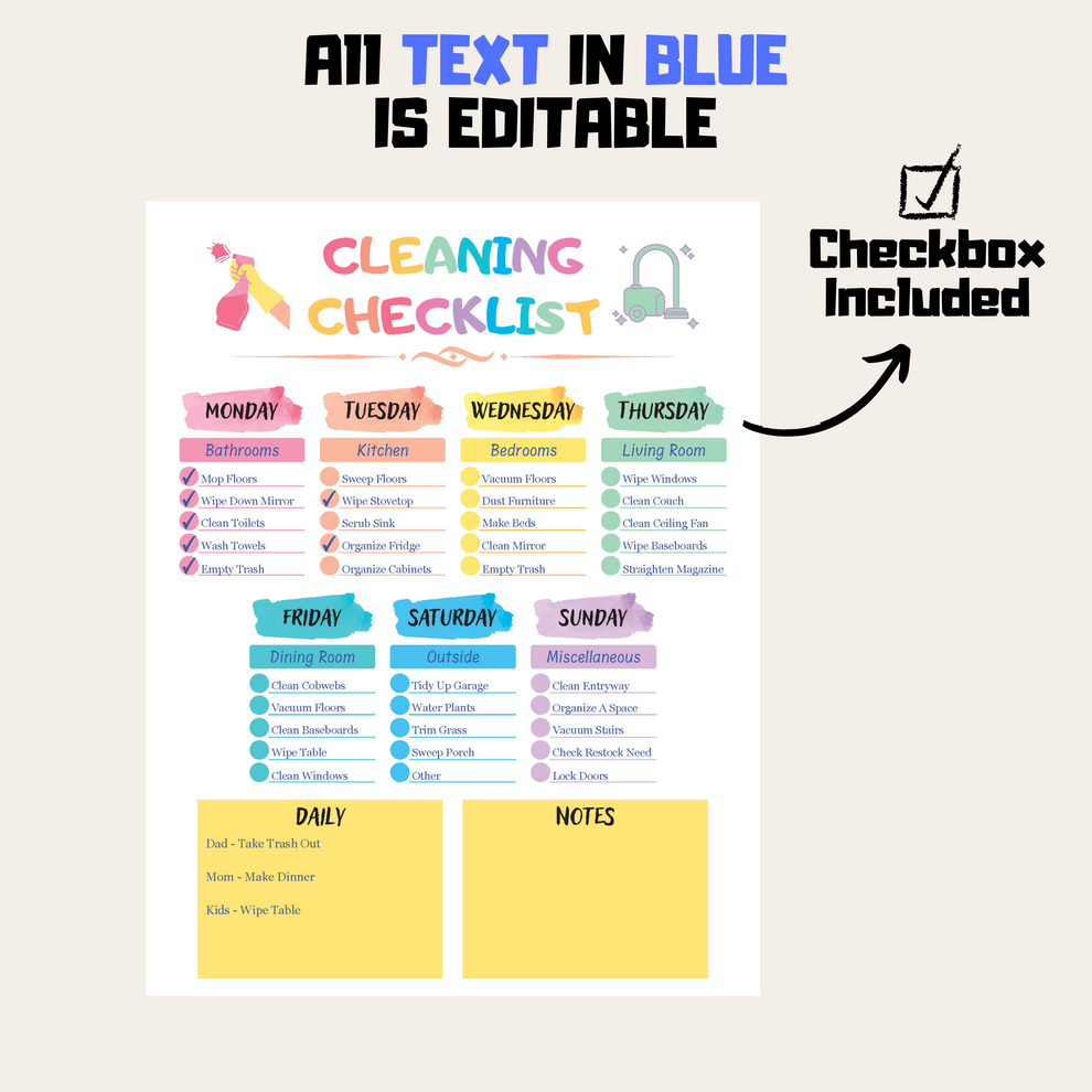 Cleaning Checklist For Edit Rainbow Color, Household Planner Printable ...